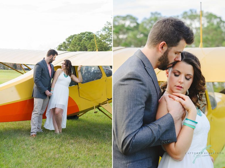 Airplane engagement session in field