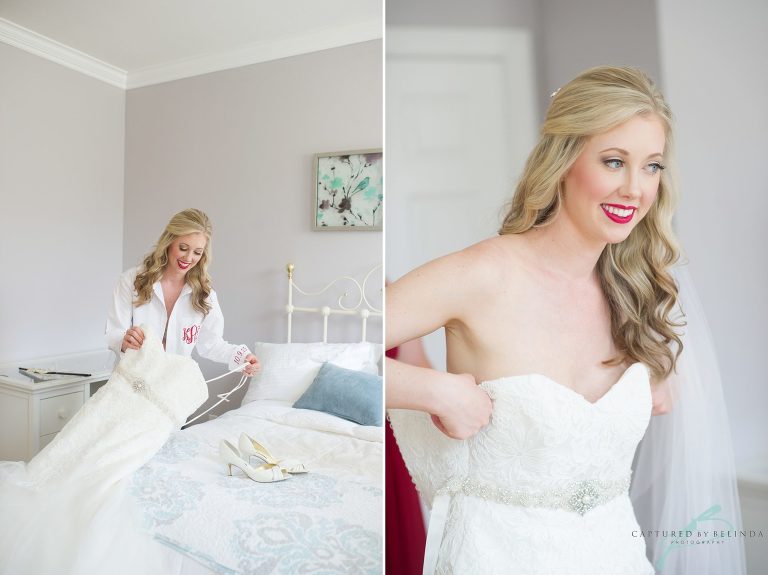 bride getting into her dress 